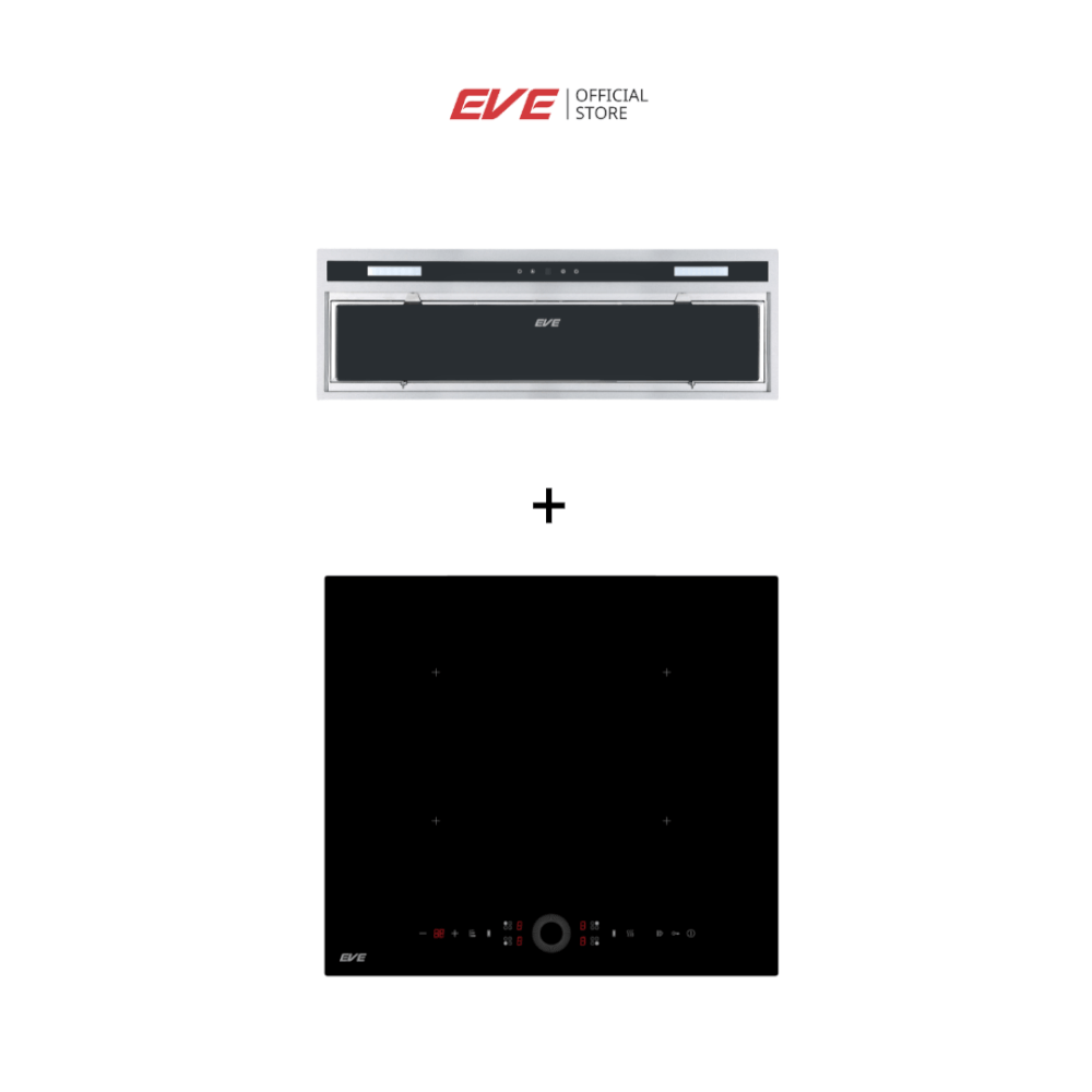 ชุดเซต เตาฝังแม่เหล็กไฟฟ้า 4 หัว + เครื่องดูดควันแบบฝัง EVE รุ่น HB60-4INDBRIDGE/TCR + HBI-SKYLINE-75 BLACK สีดำ เตาขนาด 60 เซนติเมตร เครื่องดูดควันขนาด 75 เซนติเมตร